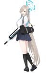  1girl absurdres asuna_(blue_archive) bag black_bag black_footwear black_socks blue_archive blue_bow blue_bowtie blue_skirt bow bowtie collared_shirt commentary dress_shirt full_body grey_hair gun hair_over_one_eye highres holding holding_gun holding_weapon kneehighs loafers long_hair looking_at_viewer pleated_skirt school_bag shirt shoes shoulder_bag simple_background skirt socks solo tnr_(horiko1525) very_long_hair w weapon white_background white_shirt 