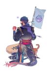  1boy absurdres bara beard cat eating facial_hair facing_away fins fish_tail fisherman full_beard full_body headband highres kuroshima_kurishiro_(muyi24108414) low_ponytail male_focus mature_male original profile sitting solo spoken_animal tail 