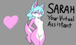 2_tails anthro blue_eyes blue_hair canid canine canis digital_media_(artwork) female fur hair hands_behind_back heart_symbol hi_res hikaridraws mammal multi_tail navel nipples nude pijk_areola pink_body pink_fur pixel_(artwork) sarah_(hikaridraws) solo standing tail text white_body white_fur wolf