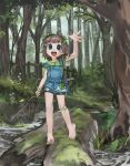  1girl :d bandaid bandaid_on_leg barefoot bike_shorts bracelet child denim denim_dress dress english_commentary fence fishing_rod forest freckles girutea grass green_eyes hair_ornament highres holding holding_fishing_rod indie_virtual_youtuber jewelry lily_hopkins looking_at_viewer moss nature short_hair shorts_under_dress signature smile solo stream teeth tree upper_teeth_only virtual_youtuber waving 