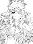  1girl breasts cleavage closed_mouth eyepatch feather_trim fire_emblem fire_emblem_fates fire_emblem_heroes long_hair looking_at_viewer medium_breasts monochrome official_alternate_costume ophelia_(fire_emblem) ophelia_(starlit_maiden)_(fire_emblem) simple_background smile smug solo ten_(tenchan_man) upper_body very_long_hair white_background 
