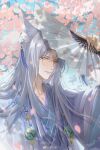  1boy animal_ears cherry_blossoms chinese_clothes chinese_knot coat covering_head dappled_sunlight day earrings eyeliner falling_petals flower folding_fan fox_boy fox_ears hand_fan hand_up hanfu highres holding holding_fan jade_(gemstone) jewelry light_and_night_love long_hair long_sleeves looking_at_viewer makeup male_focus open_clothes open_coat parted_bangs parted_lips petals pink_flower purple_robe qi_sili qixing_dan red_eyeliner robe solo sunlight tassel tassel_earrings tree upper_body weibo_logo weibo_watermark white_coat white_hair yaopei yellow_eyes 