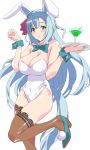  1girl absurdres animal_ears bare_shoulders black_thighhighs blue_bow blue_bowtie blue_footwear blue_hair blush bow bowtie braid breasts cleavage closed_mouth cocktail_glass commentary_request covered_navel crown_braid cup detached_collar drinking_glass ear_covers ear_ornament hair_between_eyes high_heels highleg highleg_leotard highres holding holding_tray horse_ears horse_girl horse_tail kazakoshi_nonta lace-trimmed_thighhighs large_breasts leotard light_blue_hair long_hair mejiro_ardan_(umamusume) nontraditional_playboy_bunny purple_eyes simple_background smile solo standing standing_on_one_leg strapless strapless_leotard tail thighhighs tray umamusume very_long_hair white_background white_leotard wrist_cuffs 