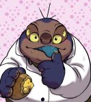 2015 4_eyes 4_fingers alien alien_humanoid blush clothed clothing coat disney finger_fetish finger_lick finger_play fingers food hohojiro9 holding_food holding_object humanoid jumba_jookiba kweltikwan lab_coat licking lilo_and_stitch looking_at_viewer male multi_eye not_furry obese obese_humanoid obese_male overweight overweight_humanoid overweight_male pastry pink_background purple_body purple_skin simple_background solo teal_tongue tongue tongue_out topwear yellow_sclera