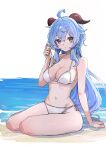  1girl absurdres ahoge arm_support bare_arms bare_shoulders bikini blue_hair breasts commentary ganyu_(genshin_impact) genshin_impact highres horns long_hair looking_at_viewer medium_breasts mo_(mo80_rr) navel purple_eyes side-tie_bikini_bottom sitting solo stomach swimsuit thighs very_long_hair white_background white_bikini 