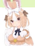  1girl :o absurdres animal_ears blue_bow blue_bowtie blush bow bowtie brown_bow brown_dress brown_vest collared_shirt cthun_n domestic_rabbit_(kemono_friends) dress frilled_sleeves frills gloves hair_between_eyes hair_bow highres kemono_friends light_brown_hair long_sleeves multicolored_hair puffy_sleeves purple_eyes rabbit_ears rabbit_girl shirt sidelocks solo two-tone_dress two-tone_hair upper_body vest white_bow white_dress white_gloves white_hair 