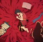  1boy avatar:_the_last_airbender avatar_legends bare_shoulders barefoot bed black_hair from_above full_body lying male_focus on_back on_side pants pillow red_pants red_shirt scar scar_on_face scroll shirt short_hair sleeveless sleeveless_shirt soles solo t_k_g toes zuko 