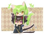  +++ 1boy 1girl :d absurdres anger_vein angry animal_ears argyle_background ayuko_735 black_hair blush c.c. cat_boy cat_ears cat_girl cat_tail chibi code_geass commentary_request expressive_tail fang green_hair hair_between_eyes hair_ribbon hand_up happy head_on_head head_rest highres jitome kemonomimi_mode lelouch_vi_britannia light_brown_background long_hair looking_at_viewer low_ponytail motion_lines open_mouth purple_eyes ribbon shaded_face short_hair sidelocks simple_background sitting skin_fang slit_pupils smile straight_hair tail tail_raised two-tone_background v-shaped_eyebrows very_long_hair white_background white_ribbon yellow_eyes 