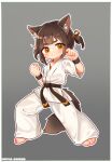  1girl animal_ear_fluff artist_name barefoot belt black_belt border brown_hair chinese_commentary clenched_hand closed_mouth commentary_request dougi fighting_stance fox_girl fox_tail full_body grey_background highres kuma-bound martial_arts_belt medium_hair orange_eyes original short_twintails simple_background solo standing tail toes twintails white_border 