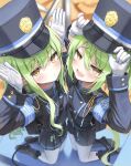  2girls adjusting_clothes adjusting_headwear armband black_footwear black_hat black_shirt black_skirt blue_archive blue_armband boots commentary_request earrings fang gloves green_hair hair_between_eyes hands_on_headwear hands_up highres hikari_(blue_archive) jewelry kneeling long_hair long_sleeves looking_at_viewer multiple_girls nozomi_(blue_archive) open_mouth pantyhose parted_lips pointy_ears shirt siblings sidelocks sisters skirt smile superpig tail twintails white_gloves white_pantyhose yellow_eyes 