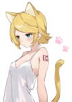  1girl animal_ears blonde_hair blue_eyes blush breasts cat_ears cat_tail dress hair_ornament hairclip highres kagamine_rin looking_to_the_side paw_print rakugaki_ningen short_hair sleeveless sleeveless_dress small_breasts solo tail vocaloid 