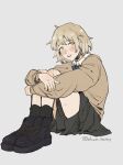  1girl black_footwear blonde_hair blush brown_sweater dungeon_meshi falin_touden full_body green_socks highres hugging_own_legs just_a_pot long_sleeves looking_at_viewer open_mouth sitting socks solo sweater yellow_eyes 