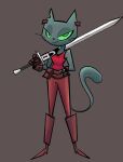 2018 anthro athletic athletic_anthro athletic_female belt_buckle belt_pouch biped boots clothing daystone domestic_cat ear_piercing felid feline felis female footwear green_eyes green_sclera holding_melee_weapon holding_object holding_sword holding_weapon knee_boots knee_highs kocia_pierdocia legwear long_tail longsword looking_at_viewer mammal melee_weapon notched_ear piercing red_clothing red_shirt red_topwear shirt simple_background smile sword tail topwear triatelx weapon