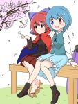  2girls aomiyabi_531 black_shirt blue_hair blue_skirt blue_vest bow bug butterfly butterfly_on_hand cherry_blossoms cloak commentary_request full_body hair_bow heterochromia long_sleeves multiple_girls open_mouth pleated_skirt purple_bow red_hair red_skirt sekibanki shirt short_hair sitting skirt tatara_kogasa touhou vest white_shirt 