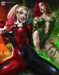  2girls absurdres artist_name baseball_bat batman_(series) blonde_hair blue_eyes blue_hair breasts collarbone colored_tips dc_comics deviantart_username eyeshadow facial_mark gloves green_eyes green_eyeshadow green_lips hand_on_own_hip harlequin harley_quinn heart heart_facial_mark highres holding holding_baseball_bat leaf_clothing logan_cure long_hair makeup multicolored_hair multiple_girls navel over_shoulder patreon_username pink_hair plant poison_ivy red_gloves red_hair red_lips red_nails split-color_clothes spread_legs twintails twitter_username vines weapon weapon_over_shoulder 