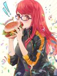  ! !! 1girl blush burger cheese confetti eating emphasis_lines eyelashes food glasses happy_birthday highres holding holding_burger holding_food imminent_bite lettuce long_hair looking_at_viewer open_mouth persona persona_5 persona_5_the_royal purple-framed_eyewear qoo1234 red_eyes red_hair solo tomato yoshizawa_sumire 