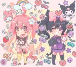  2girls :&lt; animal_ears black_hair blush bow character_doll chibi commentary_request flower food fruit full_body grin hair_bow hair_flower hair_ornament hand_on_own_hip hello_kitty hello_kitty_(character) holding holding_stuffed_toy isosceless kuromi long_hair long_sleeves looking_at_viewer multiple_girls my_melody one_eye_closed onegai_my_melody pink_eyes pink_hair pleated_skirt purple_eyes rabbit_ears rabbit_girl sanrio school_uniform serafuku skirt skull smile spanish_commentary star_(symbol) strawberry stuffed_toy thighhighs twintails very_long_hair 