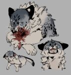  animal animalization artist_name blood blood_on_face blue_eyes claws clenched_teeth deviidog0 english_commentary full_body grey_background highres looking_at_viewer looking_to_the_side multiple_views no_humans open_mouth original simple_background snow_leopard tail teeth 
