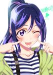 1girl ;d blue_hair blush breasts collarbone commentary_request fingers_to_cheeks green_jacket heart highres jacket long_hair love_live! love_live!_sunshine!! matsuura_kanan ojyomu one_eye_closed open_clothes open_jacket open_mouth ponytail purple_eyes shirt simple_background smile solo striped_clothes striped_shirt suspenders translation_request white_background 
