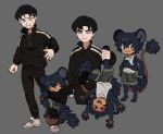  2boys :3 animal_ears animal_feet animal_hands black_eyes black_hair black_hoodie black_jacket black_pants blue_eyes carrying carrying_person child closed_eyes closed_mouth deviidog0 english_commentary extra_arms full_body fur-tipped_tail grey_background grey_shorts hand_up highres holding_another&#039;s_leg hood hood_down hoodie hug hugging_another&#039;s_leg jacket long_sleeves looking_at_another male_focus monster_boy multiple_boys multiple_views original pants red_pupils short_eyebrows short_hair shorts simple_background standing tail tail_wrap tank_top undercut very_short_hair 