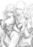  1boy 2girls absurdres anger_vein bald breasts cape commentary covered_navel debris female_pubic_hair fkscrashing fubuki_(one-punch_man) greyscale hetero highleg highleg_leotard highres large_breasts leotard medium_breasts monochrome multiple_girls nipple_slip nipples one-punch_man pubic_hair pubic_hair_peek saitama_(one-punch_man) shiny_skin sparkle spoken_anger_vein superhero_costume tatsumaki telekinesis thong_leotard tongue tongue_out 