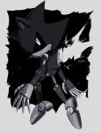  1boy by_almaz greyscale highres looking_at_viewer male_focus metal_sonic monochrome no_mouth non-humanoid_robot robot robot_animal solo sonic_(series) 