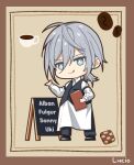  1boy apron checkerboard_cookie chibi coffee_beans collared_shirt commentary cookie cup food fulgur_ovid grey_eyes grey_hair long_sleeves looking_at_viewer low_ponytail lucio_(lucioooo38) male_focus menu nijisanji nijisanji_en shirt smile solo teacup tongue tongue_out vest virtual_youtuber waiter 