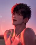  blurry blurry_background brown_eyes brown_hair collarbone gradient_background gradient_sky highres jeong_taeui lens_flare looking_at_viewer nude open_mouth outdoors passion_(manhwa) photo-referenced plyu portrait realistic short_hair sky sunset sweatdrop teeth 
