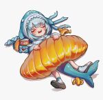  1girl absurdres animal_costume animal_hood bloop_(gawr_gura) blue_hair blue_hoodie blush chinese_commentary closed_eyes commentary_request creature drooling ebi-chan_(gawr_gura) fins fish_tail food full_body gawr_gura gawr_gura_(1st_costume) gradient_sleeves grey_hair highres hololive hololive_english hood hood_up hoodie long_sleeves maomao_dashi medium_hair mouth_drool multicolored_hair oversized_food oversized_object polearm shark_costume shark_girl shark_hood shark_tail sharp_teeth shoes sneakers streaked_hair sushi tail teeth trident upper_teeth_only virtual_youtuber weapon white_footwear 