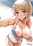  2012 artist_name bikini blonde_hair blue_bikini blue_eyes blush breasts dated flashing hair_ornament honoji large_breasts leaning_forward looking_at_viewer naughty_face navel nipples original ponytail short_hair side-tie_bikini simple_background smile solo swimsuit tan tanline 