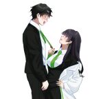  1boy 1girl assertive_female black_hair character_request collared_shirt couple earrings from_side green_necktie height_difference hetero jewelry limbus_company long_hair necklace_pull necktie open_mouth original project_moon saccharhythm samjo_(project_moon) shirt short_hair simple_background suit white_background white_shirt 