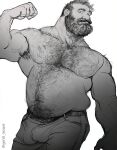  1boy abs bara beard belly biceps captain_archibald_haddock chest_hair_peek cowboy_shot denim facial_hair flexing full_beard gentil_lezard gradient_beard greyscale hairy jeans large_pectorals looking_at_viewer male_focus mature_male monochrome muscular muscular_male navel navel_hair nipples old old_man pants pectorals plump receding_hairline short_hair solo standing stomach thick_arm_hair thick_beard thick_eyebrows thick_navel_hair tintin topless_male very_hairy 
