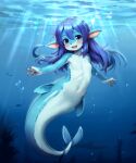  1girl air_bubble blue_eyes blue_hair blue_theme blush breasts bubble caustics claws colored_skin english_commentary erishu_(sinelesh) fangs fewer_digits fins fish furry furry_female highres light_rays long_hair mermaid monster_girl multicolored_skin navel no_nipples ocean open_mouth original pawpads small_breasts solo sunlight twitter_username two-tone_skin underwater 