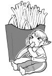  &gt;_&lt; 1girl belly blush_stickers braid chibi clothes_lift crown_braid eating elf elf-san_wa_yaserarenai. erufuda-san fat food french_fries greyscale highres monochrome navel pointy_ears shirt_lift sitting socks solo synecdoche 