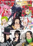  4girls 5boys ascot bandages bao_huang bird black_hair black_suit blonde_hair bow bowtie breasts cigar cleavage club_(weapon) coat crocodile_(one_piece) crown curly_hair earrings facial_hair floral_print fur_coat goatee goggles goggles_on_head green_ascot green_hair hair_ornament hair_stick hat hattori_(one_piece) highres holding holding_umbrella holding_weapon hook_hand horns japanese_clothes jewelry kaidou_(one_piece) kakiage_u kanabou kimono king_(one_piece) long_hair mask multiple_boys multiple_girls nico_robin one_piece open_mouth orange_eyes perona pigeon pink_bow pink_bowtie pink_hair ponytail pterosaur red_kimono red_umbrella rob_lucci rope roronoa_zoro scar scar_on_face shimenawa short_hair sleeveless sleeveless_kimono smile smoking suit sword top_hat twintails umbrella upside-down weapon white_hair yamato_(one_piece) yellow_eyes 