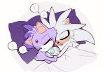  1boy 1girl blaze_the_cat commentary couple english_commentary furry furry_female furry_male hetero highres hug hug_from_behind miijiu no_gloves pillow silver_the_hedgehog simple_background sleeping sonic_(series) under_covers zzz 