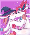 anonymous_artist blush boyfriends clothed clothing digital_media_(artwork) duo eeveelution fan_character feral fur generation_6_pokemon hair happy hat headgear headwear hi_res hug kiss_on_lips kissing legwear looking_at_another looking_at_partner love making_out male male/male mammal nikki_(yogurtfgc) nintendo pink_body pink_fur pink_hair pokemon pokemon_(species) relationship ribbons romantic romantic_couple simple_background smile smoothie_(sylveon) stockings sylveon white_body