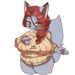 2021 4_fingers anthro big_breasts blush breasts canid canine clothing eye_through_hair eyebrow_through_hair eyebrows female female_anthro fingers fluffy fluffy_tail fox fur grey_body grey_fur hair hand_on_breast kemono looking_at_viewer mammal mature_female narrowed_eyes open_mouth open_smile red_hair simple_background smile snout solo sweater tail tofffffu topwear translucent translucent_hair turtleneck white_background yellow_clothing yellow_eyes yellow_sweater yellow_topwear yellow_turtleneck