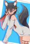  1girl :d \m/ absurdres animal_ear_fluff black_hair blue_background blush border carmine_(pokemon) colored_inner_hair commentary_request crossed_bangs eyelashes grey_shirt grid_background hair_between_eyes hasu_175 highres kemonomimi_mode leaning_forward looking_at_viewer mole mole_under_eye multicolored_hair open_mouth outside_border pokemon pokemon_sv red_hair shirt simple_background sleeves_past_wrists smile solo sweat tail two-tone_hair white_border yellow_eyes 