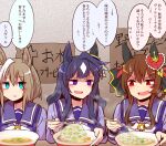  3girls animal_ears blue_eyes bow bowtie braided_hair_rings brown_hair cheval_grand_(umamusume) chopsticks ear_covers gentildonna_(umamusume) hair_between_eyes heart-shaped_ornament heart_ear_ornament highres holding holding_chopsticks horse_ears horse_girl long_hair long_sleeves looking_at_another mole mole_under_eye multicolored_hair multiple_girls purple_eyes purple_hair purple_serafuku purple_shirt red_eyes sailor_collar sailor_shirt school_uniform serafuku shirt sidelocks single_ear_cover streaked_hair tracen_school_uniform umamusume upper_body verxina_(umamusume) white_bow white_bowtie white_hair yonedatomo_mizu 