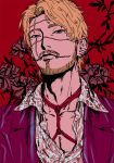  1boy absurdres adam&#039;s_apple beard blonde_hair bondage_under_clothes expressionless facial_hair floral_print full_beard highres kakihara_masao koroshiya_ichi looking_at_viewer male_focus mature_male multiple_scars myojo_0120 partially_unbuttoned pectoral_cleavage pectorals pencil_mustache portrait red_background red_rope rope scar shibari short_hair solo thick_eyebrows tsurime 