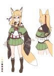  1girl animal_ear_fluff animal_ears bell black_sleeves black_socks blonde_hair blue_eyes brown_footwear capelet closed_mouth color_guide commentary_request cropped_legs detached_sleeves drawstring fox_ears fox_girl fox_tail fringe_trim glasses green_capelet green_skirt hair_ornament hairclip highres hood hood_down hoodie jingle_bell kuro_kosyou light_smile long_hair long_sleeves looking_at_viewer multiple_views neck_bell original over-rim_eyewear pleated_skirt ponytail red-framed_eyewear ribbon-trimmed_skirt ribbon-trimmed_sleeves ribbon_trim semi-rimless_eyewear simple_background skirt sleeveless sleeveless_hoodie sleeves_past_wrists socks standing tail white_background white_hoodie wide_sleeves 