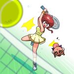  1boy 1girl @_@ angry arms_up bald ball blue_eyes bodysuit braid braided_ponytail breasts distress dress facial_hair genderswap genderswap_(mtf) happosai head_bump hitting holding_tennis_racket jumping knocked_over leg_up medium_breasts medium_hair mustache open_mouth playing_sports purple_bodysuit racket ranma-chan ranma_1/2 red_hair saotome_ranma shoes signature sneakers socks sportswear striped_clothes striped_socks swinging_weapon tennis tennis_ball tennis_court tennis_dress tennis_net tennis_racket tennis_uniform wanta_(futoshi) white_background wristband yellow_dress yellow_wristband 