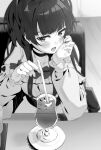  1girl absurdres blunt_bangs blush brown_eyes choker cup drink drinking_glass drinking_straw frilled_shirt frills greyscale head_rest highres idolmaster idolmaster_shiny_colors joker_(tomakin524) long_hair long_sleeves looking_at_viewer mayuzumi_fuyuko monochrome off-shoulder_shirt off_shoulder open_mouth shirt sitting solo spot_color table two_side_up 