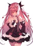  1girl :d bare_shoulders black_choker black_dress blood blush bow buttons choker cowboy_shot detached_sleeves dress finger_to_mouth frilled_dress frills gothic_lolita hair_ornament highres krul_tepes lolita_fashion long_hair looking_at_viewer open_mouth owari_no_seraph pink_bow pink_hair pointy_ears red_eyes smile solo soukou_makura two_side_up vampire very_long_hair 
