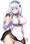  1girl alternate_costume ame_sagari apron azur_lane bare_arms bare_shoulders black_bracelet black_hairband black_ribbon black_skirt blue_hair breasts center_frills choker closed_mouth commentary covered_nipples cowboy_shot dido_(azur_lane) earrings enmaided frilled_apron frilled_choker frilled_shirt frills gradient_hair grey_choker hair_ribbon hairband hand_in_own_hair heart heart_earrings high-waist_skirt huge_breasts jewelry light_blush long_hair looking_at_viewer maid miniskirt multicolored_hair pink_eyes purple_hair ribbon ribbon-trimmed_choker ribbon-trimmed_hairband shirt side_slit sideboob simple_background skirt sleeveless sleeveless_shirt smile solo thighhighs underboob waist_apron white_apron white_background white_shirt white_thighhighs 