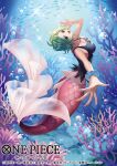  1girl black_tank_top bracelet brown_eyes bubble camie_(one_piece) commentary_request copyright_name coral green_hair highres in_water jewelry koushi_rokushiro looking_at_viewer looking_back mermaid monster_girl necklace official_art one_piece open_mouth outstretched_arms short_hair tank_top underwater 