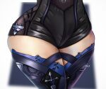  1girl artist_name black_shorts black_thighhighs blurry blurry_background close-up eula_(genshin_impact) genshin_impact highres mux7 shorts skindentation solo thigh_focus thighhighs thighs wide_hips 