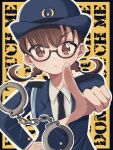  1girl adapted_costume alternate_costume blazer braid brown_eyes brown_hair collared_shirt costume cuffs fingerprint glasses handcuffs hat iin_chiyo jacket kimi_no_koto_ga_dai_dai_dai_dai_daisuki_na_100-nin_no_kanojo looking_at_viewer mayu_yumai necktie pointing pointing_at_viewer police police_hat police_uniform shirt short_hair solo text_background twin_braids uniform white_shirt 