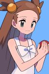  1girl blue_background bow brown_hair closed_mouth commentary_request dress eyelashes grey_eyes hair_bobbles hair_ornament hands_up holding holding_poke_ball jasmine_(pokemon) long_hair poke_ball poke_ball_(basic) pokemon pokemon_gsc simple_background sleeveless sleeveless_dress smile solo two_side_up tyako_089 white_bow white_dress 